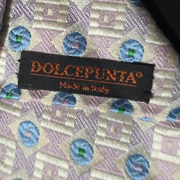 Dolcepunta Made in Italy Silk Necktie - Pink White Blue Geo - 3 3/4" x 61" - Picture 4 of 5